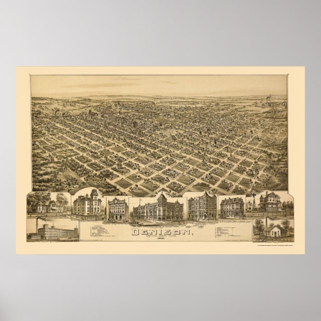 Poster Denison, TX Panoramic Map - 1891 (Devant)