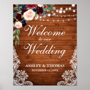 Poster Dentelle en bois rustique mariage Burgundy Bleu Fl