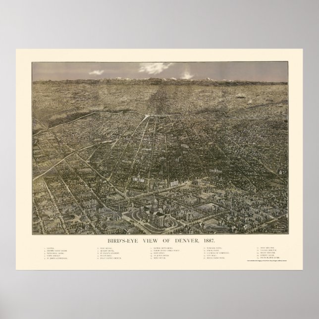 Poster Denver, CO Carte panoramique - 1887 (Devant)