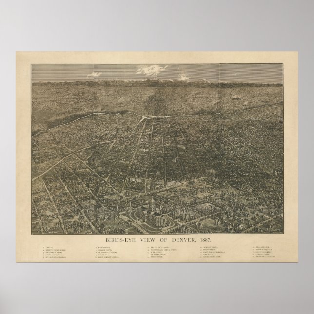 Poster Denver Colorado 1887 Antique carte panoramique (Devant)