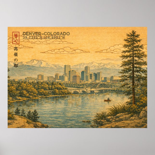 Poster Denver Colorado Skyline in Japanese Ukiyo-e (Devant)