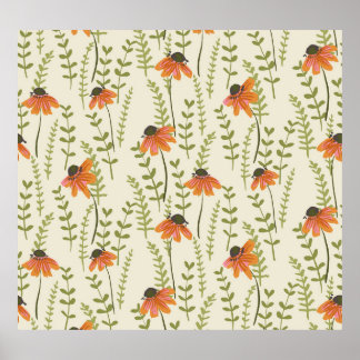 Poster Des fougères vertes, des fleurs oranges, de la nat