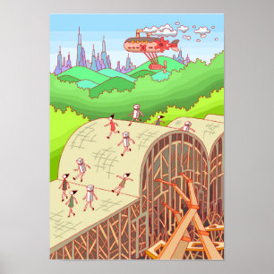 Poster Des gens traversant un pont en bois.