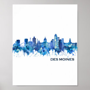 Poster Des Moines Iowa Skyline Blue