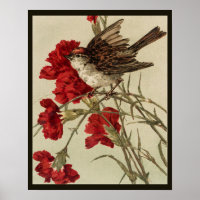 Poster des oeillets rouges et des oiseaux chanteur