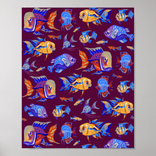 Poster Des poissons tropicaux amusants sur le violet fonc