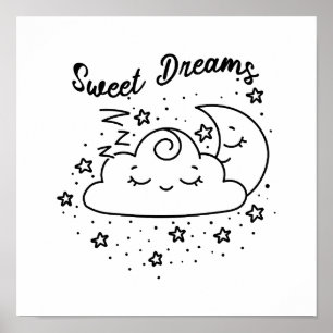 Poster Des Rêves Doux Dormir Lune Et Nuage Avec Étoiles