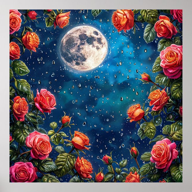 Poster Des Roses luxuriants encadrent une Pleine lune dan (Devant)