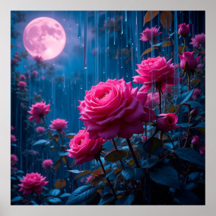 Poster Des roses roses vibrantes dans un jardin pluvieux 