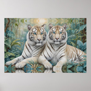 Poster Des tigres d'or pâles dans une jungle bleue verte
