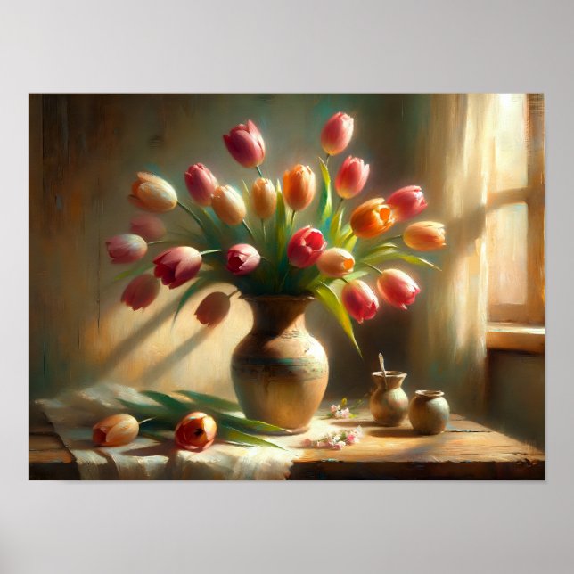 Poster Des tulipes rayonnantes s'organisent dans un vase (Devant)
