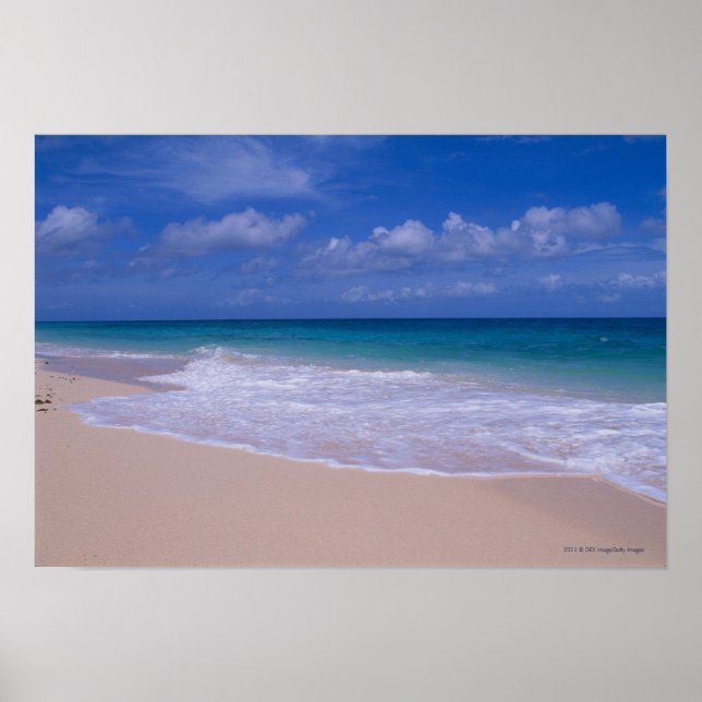Poster Des vagues océaniques mouillant sur une plage de s (Devant)