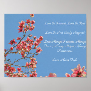 Poster Describing Love, Pink Blossoms, Blue Sky