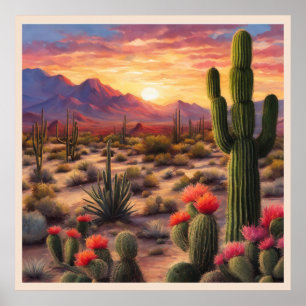 Poster Desert Blooming Cactus Colorant Sunrise Art