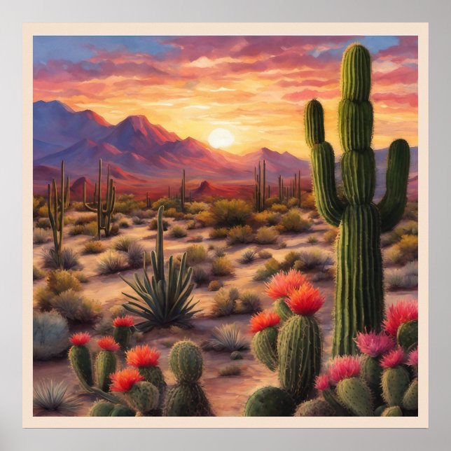 Poster Desert Blooming Cactus Colorant Sunrise Art (Devant)