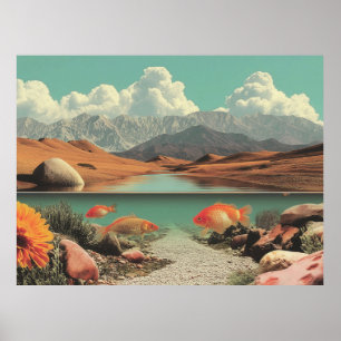 Poster Désert et lac surréalistes avec poissons rouges