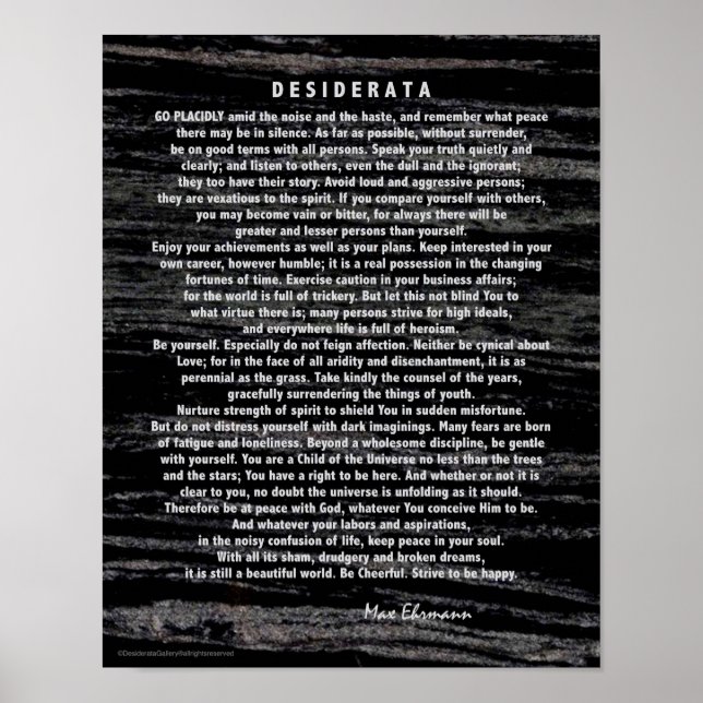 Poster Desiderata Argent gravé sur du marbre noir (Devant)