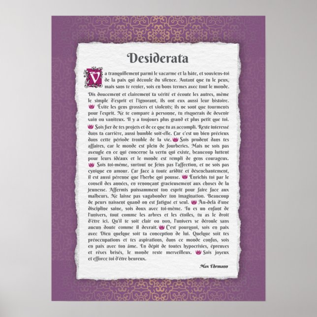Poster Desiderata - Choses désirées - poème (Devant)