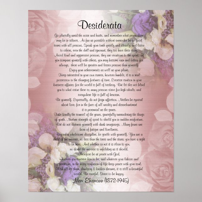 Poster Desiderata "choses désirées", prose sur floral (Devant)