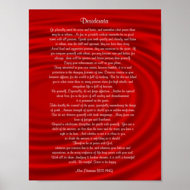 Poster Desiderata "choses désirées", prose sur rouge (Devant)