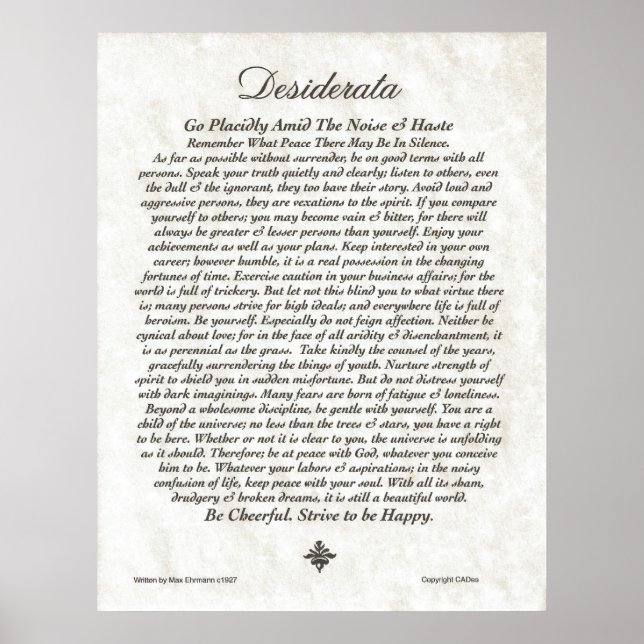 Poster DESIDERATA Poem=Max Ehrmann=Collection Parchment (Devant)