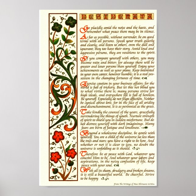 Poster Desiderata Poem par Max Ehrmann Calligraphie à la  (Devant)