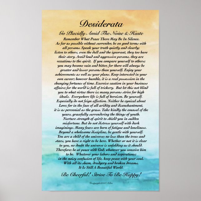 Poster Desiderata Poème Aquarelle Turbulent Océan coucher (Devant)