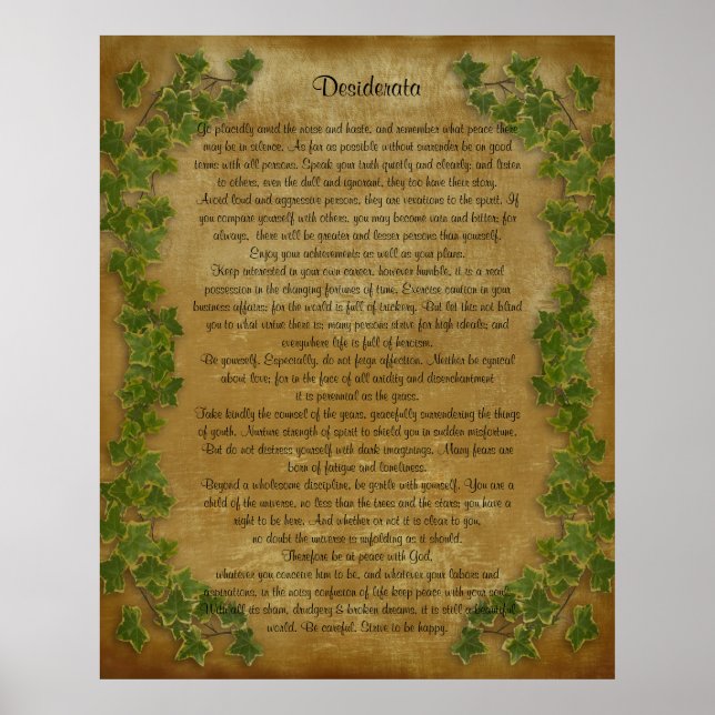 Poster Desiderata prose Gros lierre sur parchemin (Devant)