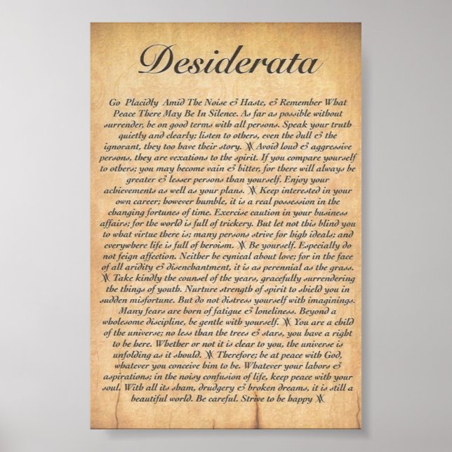 Poster DESIDERATA sur le papier en bois embouti (Devant)