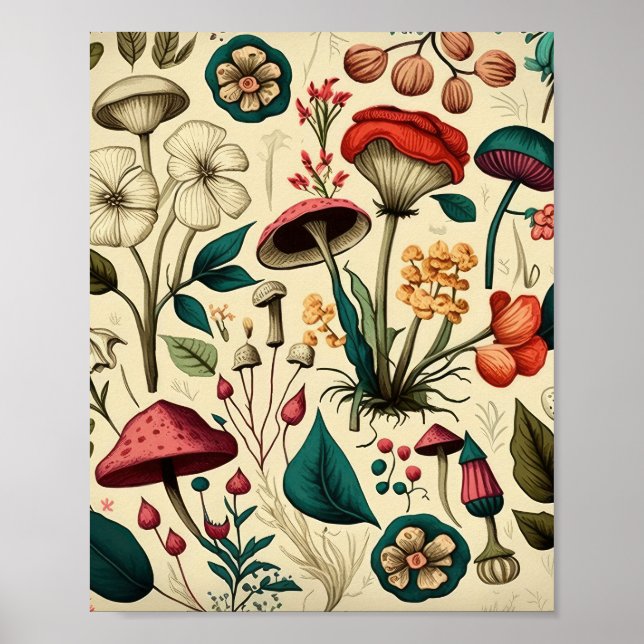 Poster Design classique de champignons et de fleurs haut  (Devant)