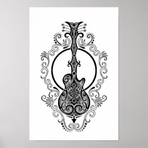 Poster Design complexe de guitare noire sur blanc