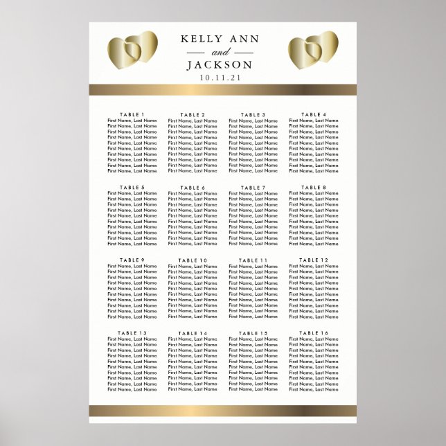 Poster Design élégant Coeurs d'or - 16 Seating Chart (Devant)
