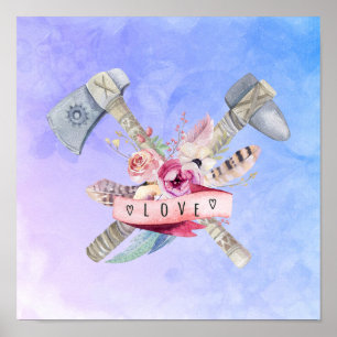 Poster Design en aquarelle Tomahawk marteau et fleurs