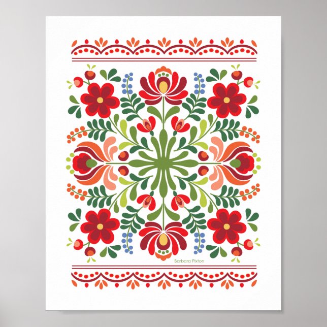 Poster Design folklorique hongrois rouge et rose (Devant)