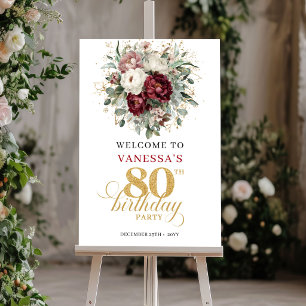 Poster Designer Bourgogne Floral 80e Anniversaire de Nais