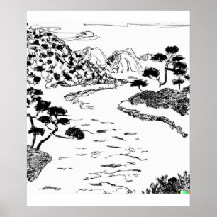 Poster dessin à la main croquis fluvial dans l'art Ukiyo-
