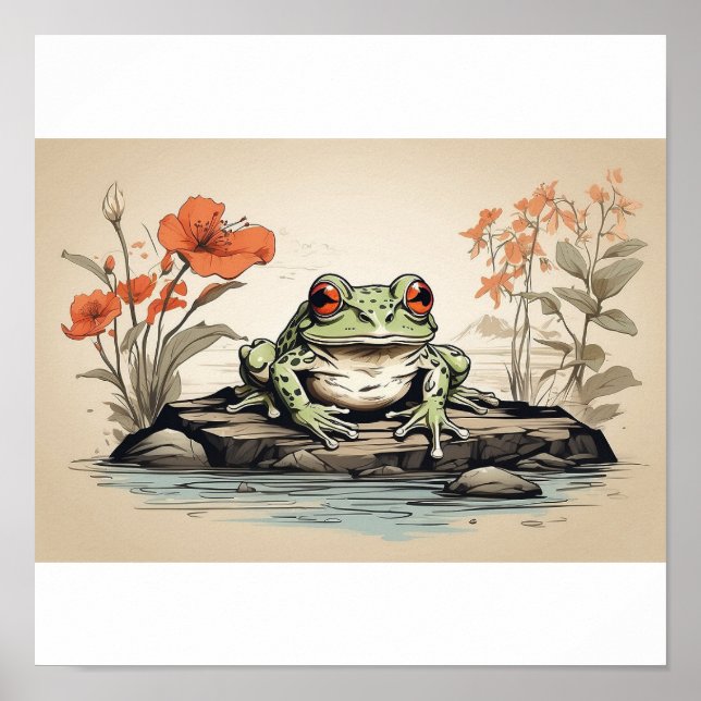 Poster dessin à la main Frog in Ukiyo-E Style (Devant)
