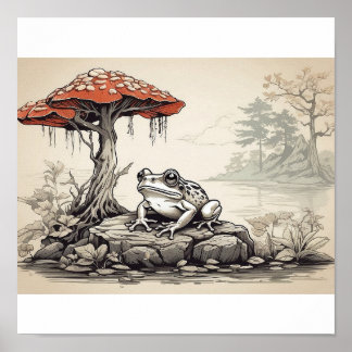 Poster dessin à la main Frog in Ukiyo-E Style