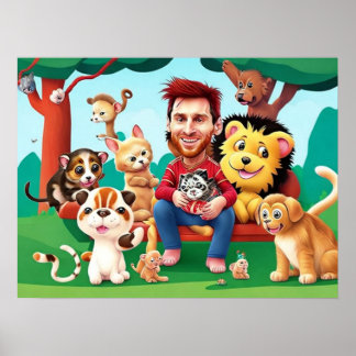 Poster Dessin amusant image Messi animaux mignons