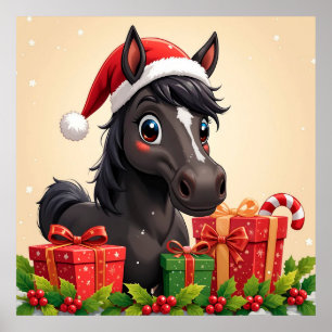 Poster Dessin animé Cheval noir Cadeaux de Noël Fêtes