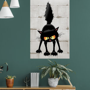 Poster Dessin animé de chat noir drôle et féroce