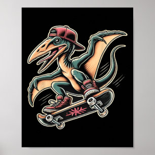 Poster Dessin animé de dinosaure ptérodactyle de skateboa