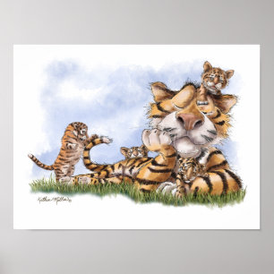 Poster Dessin animé de famille de tigres