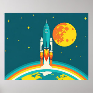 Poster Dessin animé de fusée spatiale mignonne
