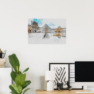 Poster Dessin aquarelle du Louvre Paris, France