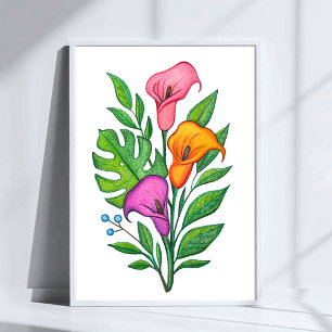 Poster Dessin au crayon de couleur floral aux Calla Lilli
