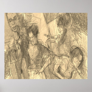 Poster Dessin au crayon d'un groupe d'amis sur un mur