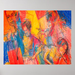 Poster Dessin au crayon d'un groupe d'amis sur un mur