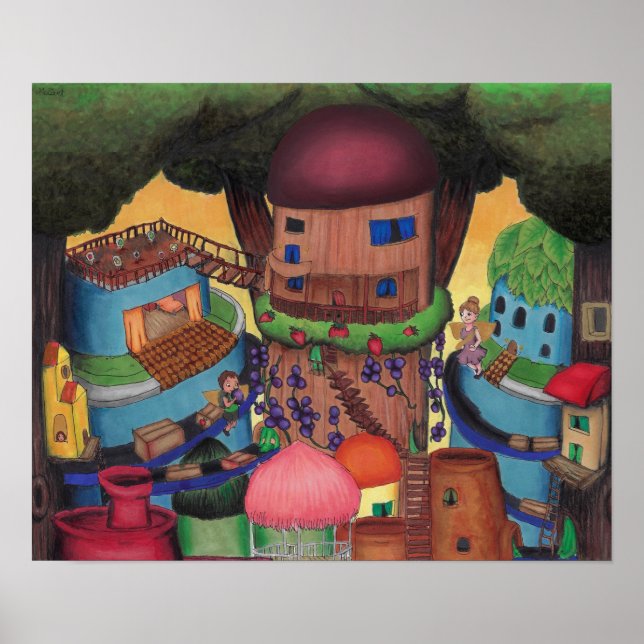 Poster Dessin Copique de Village Fée Treetop (Devant)