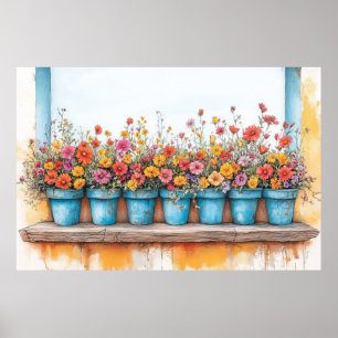 Poster Dessin couleur pastel avec pots de fleurs